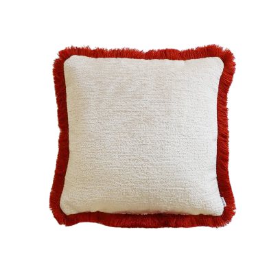 White and orange chenille cushion cover with cotton fringe on a white background