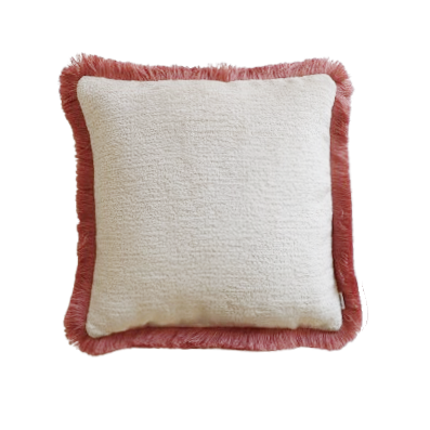 Pink chenille cushion cover with cotton fringe on a white background