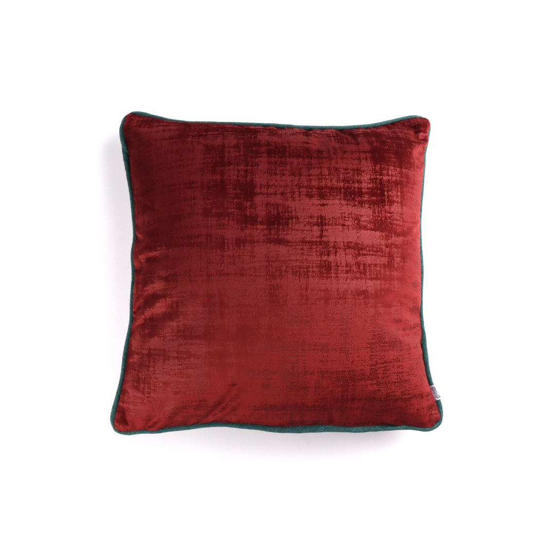 Front of Wine red textured velvet cushion cover with contrasting piping