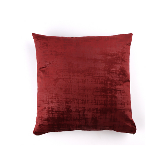 Front of wine red textured velvet cushion cover with exposed zipper