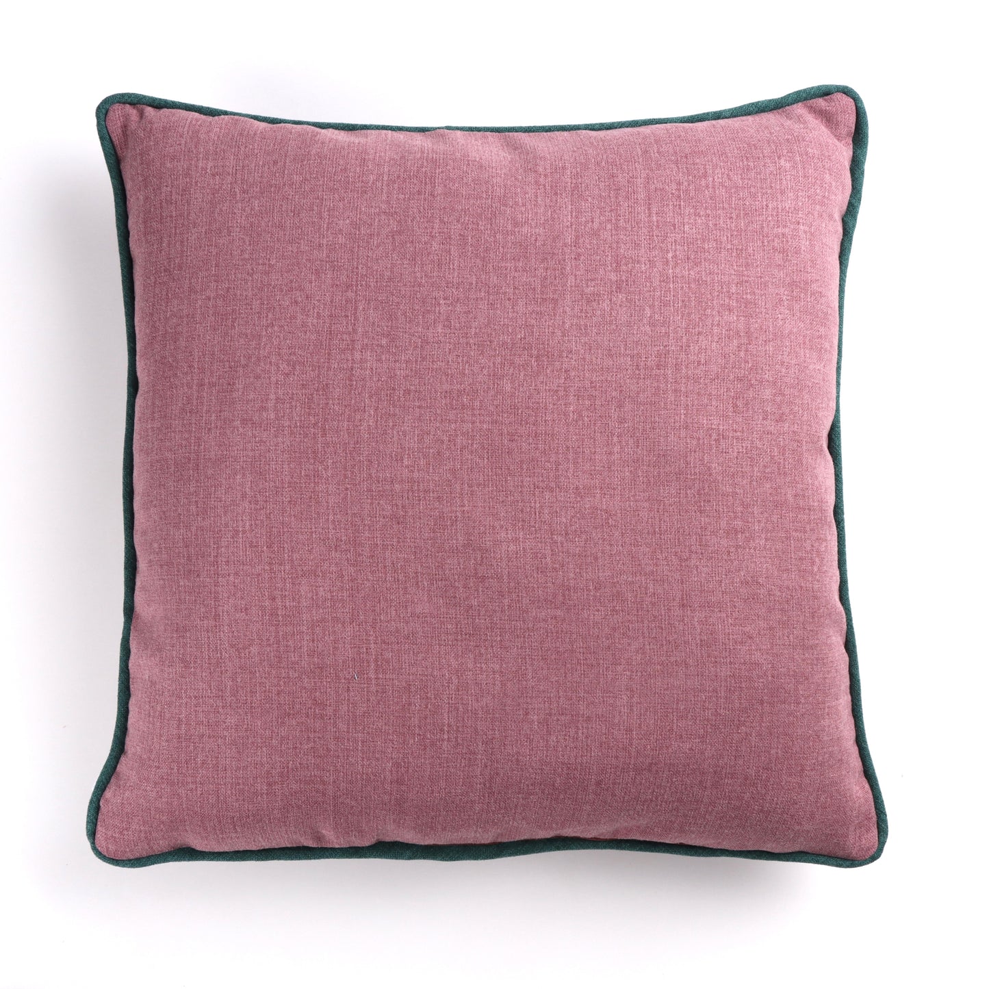 Back of orchid pink velvet cushion cover with contrasting piping