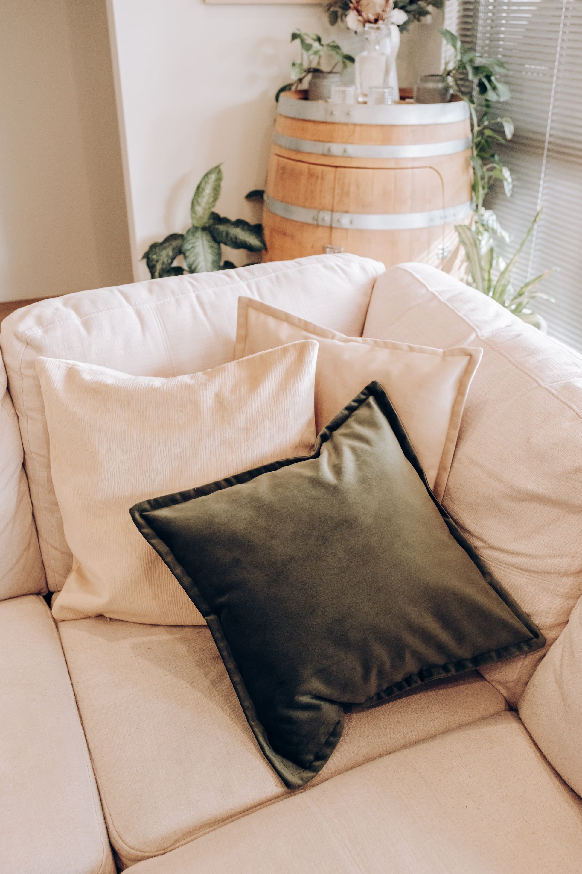 velvet cushion cover with flange on couch