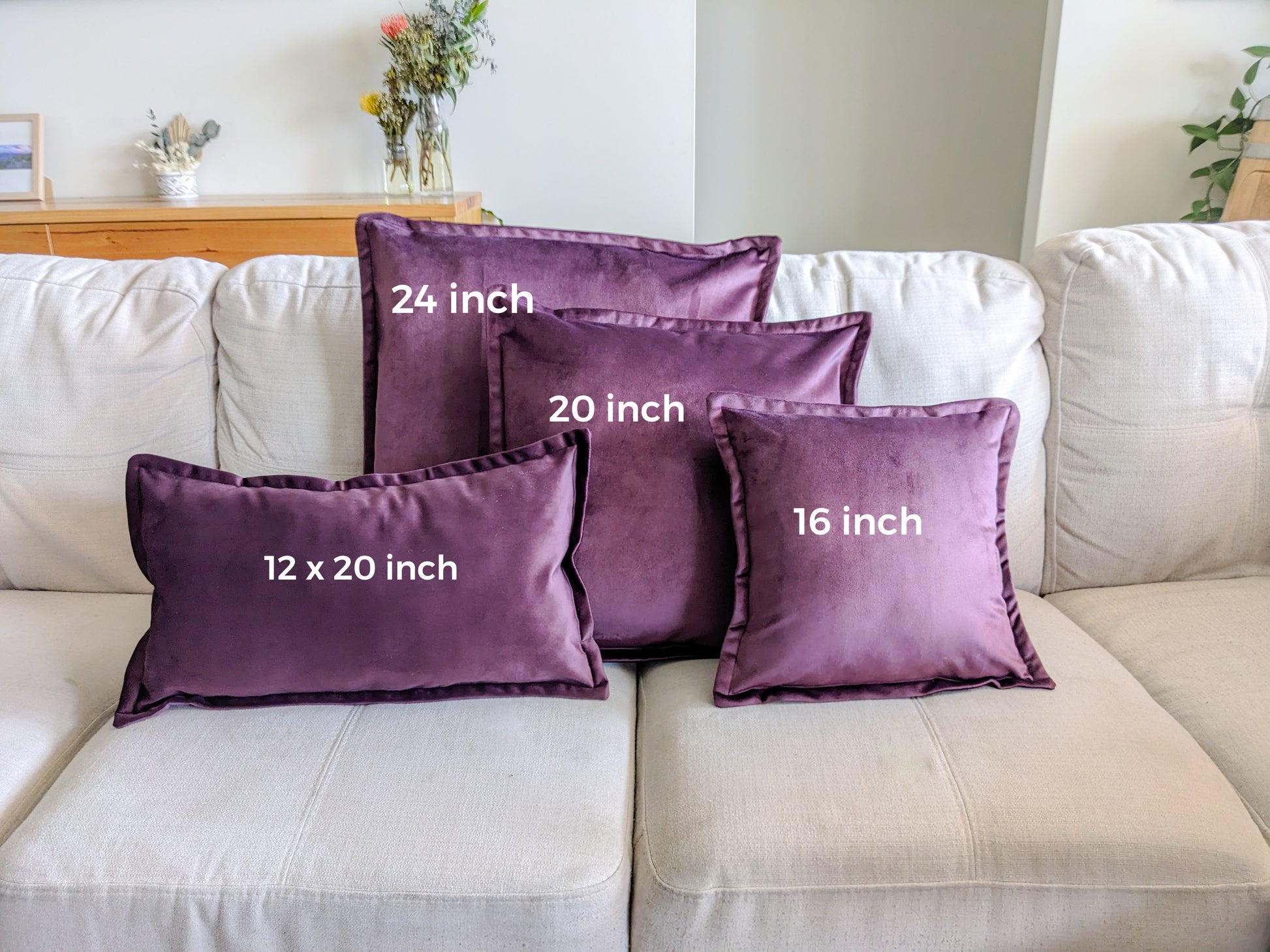 Size chart of velvet cushion cover with flange edging