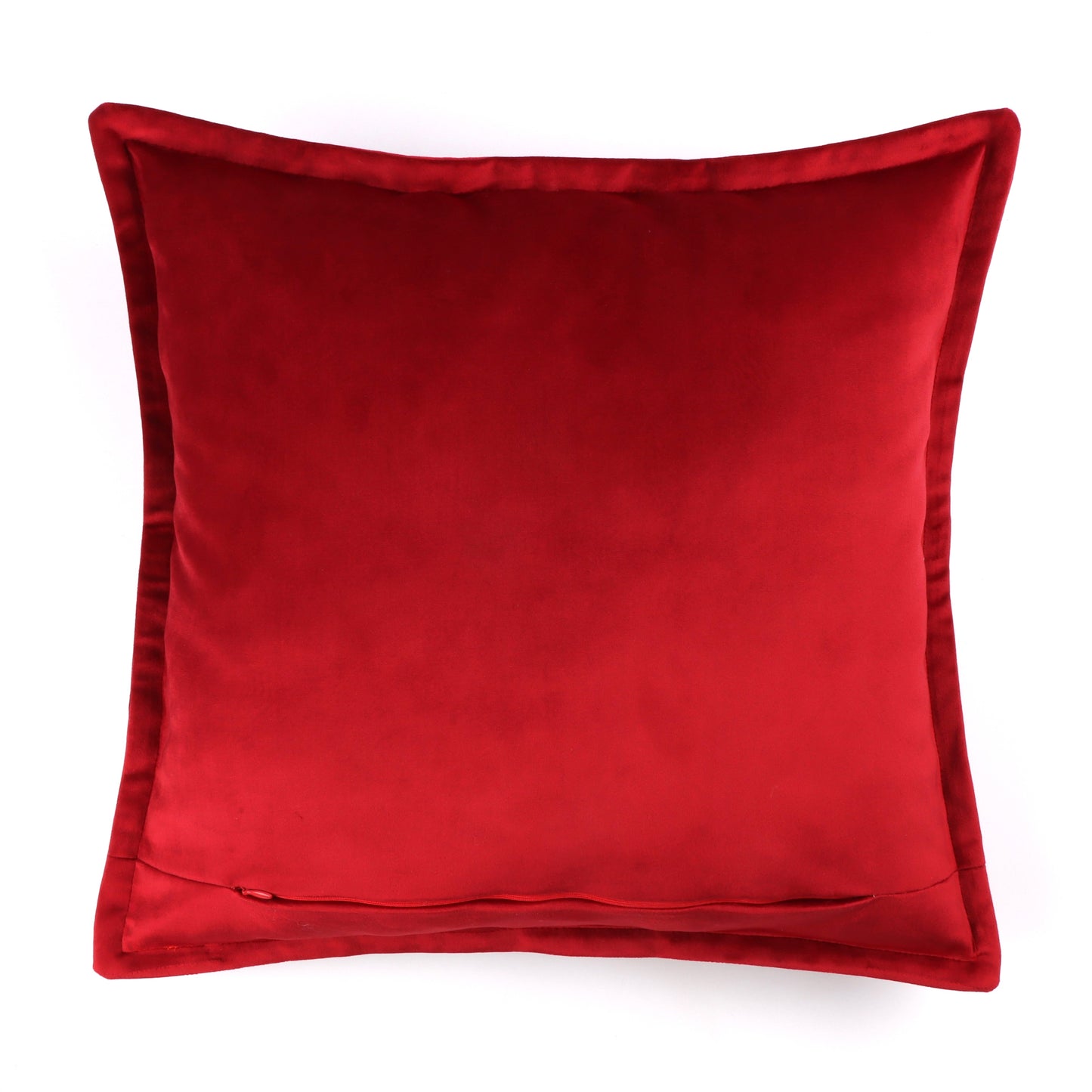 Front of raspberry red velvet cushion cover with flange edging