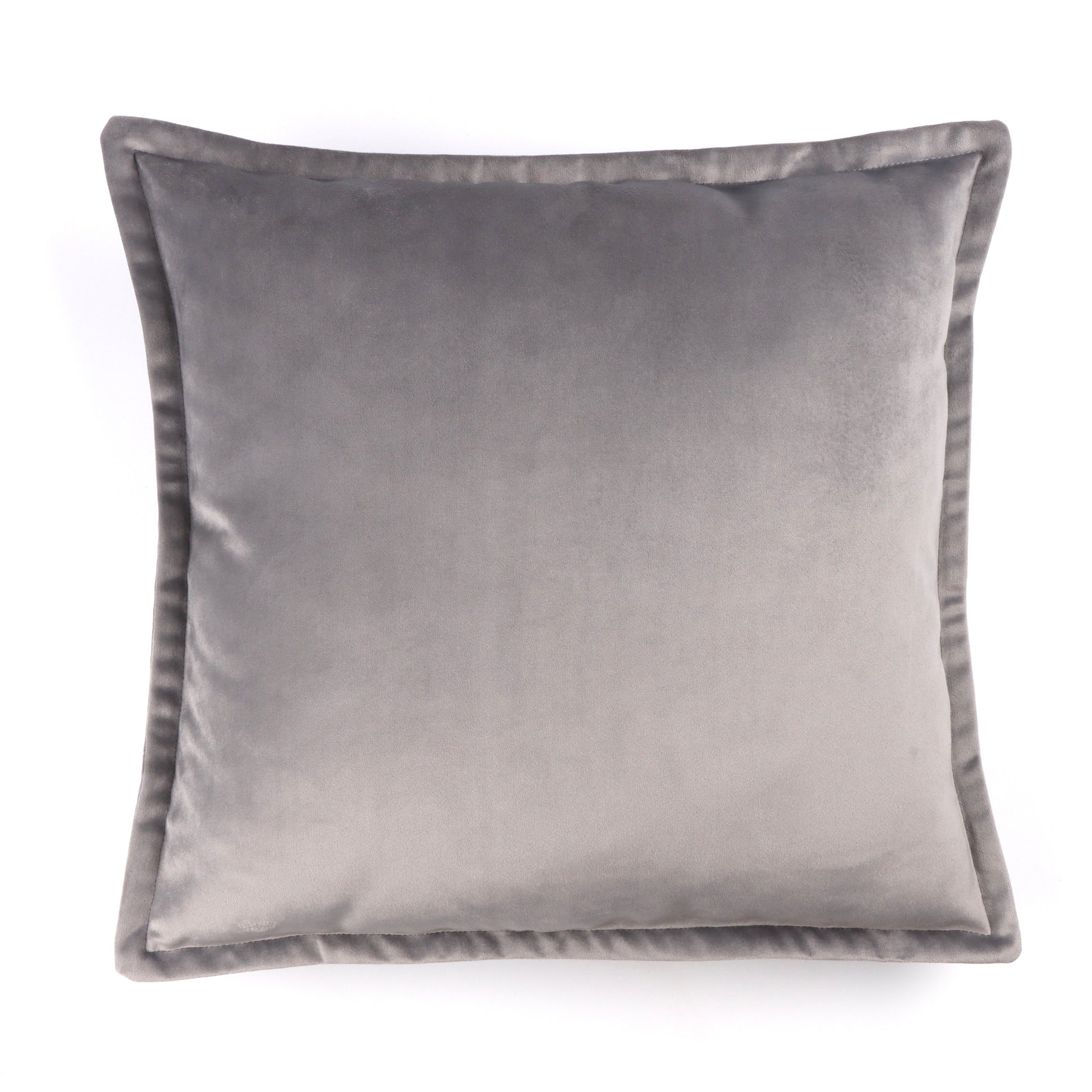 Front of light gray velvet cushion cover with flange edging