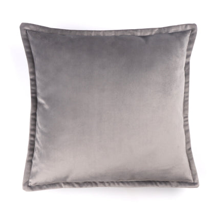 Front of light gray velvet cushion cover with flange edging