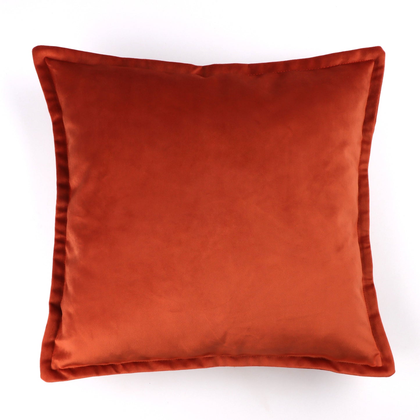 Front of orange velvet cushion cover with flange edging