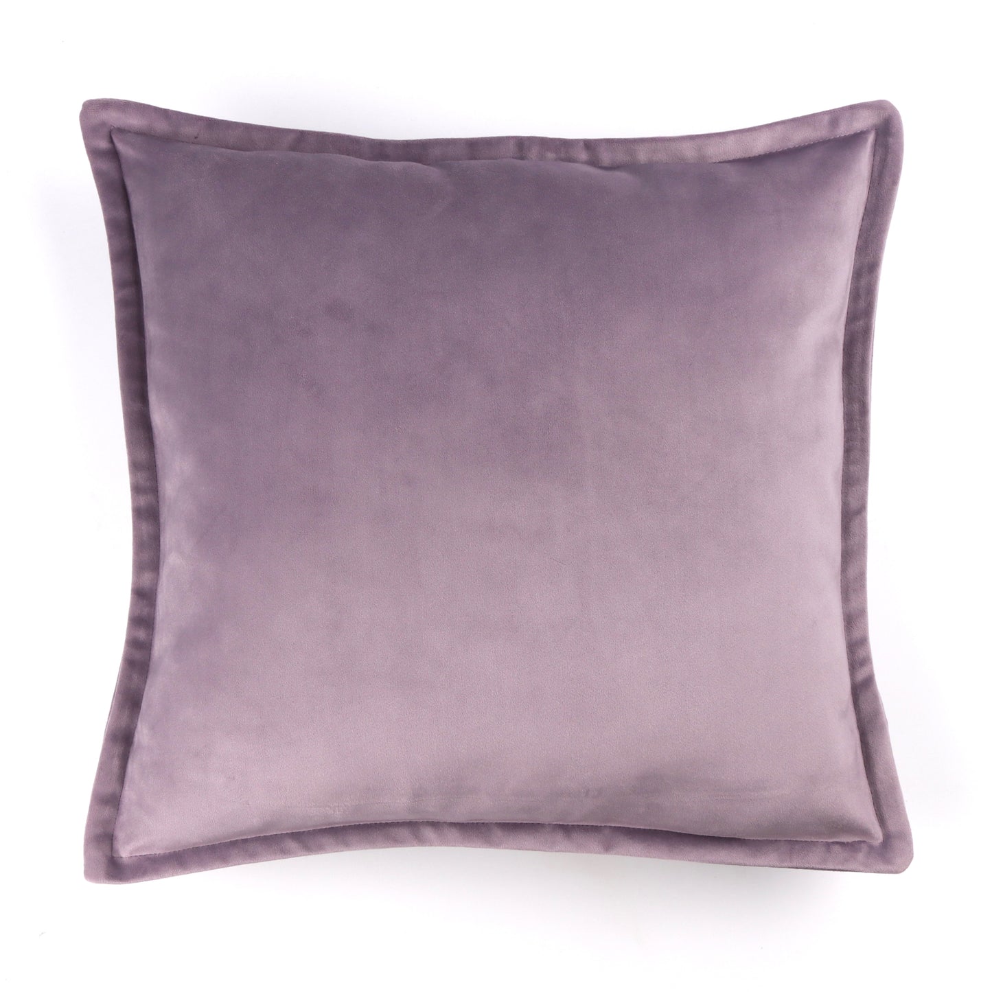 Front of lilac purple velvet cushion cover with flange edging