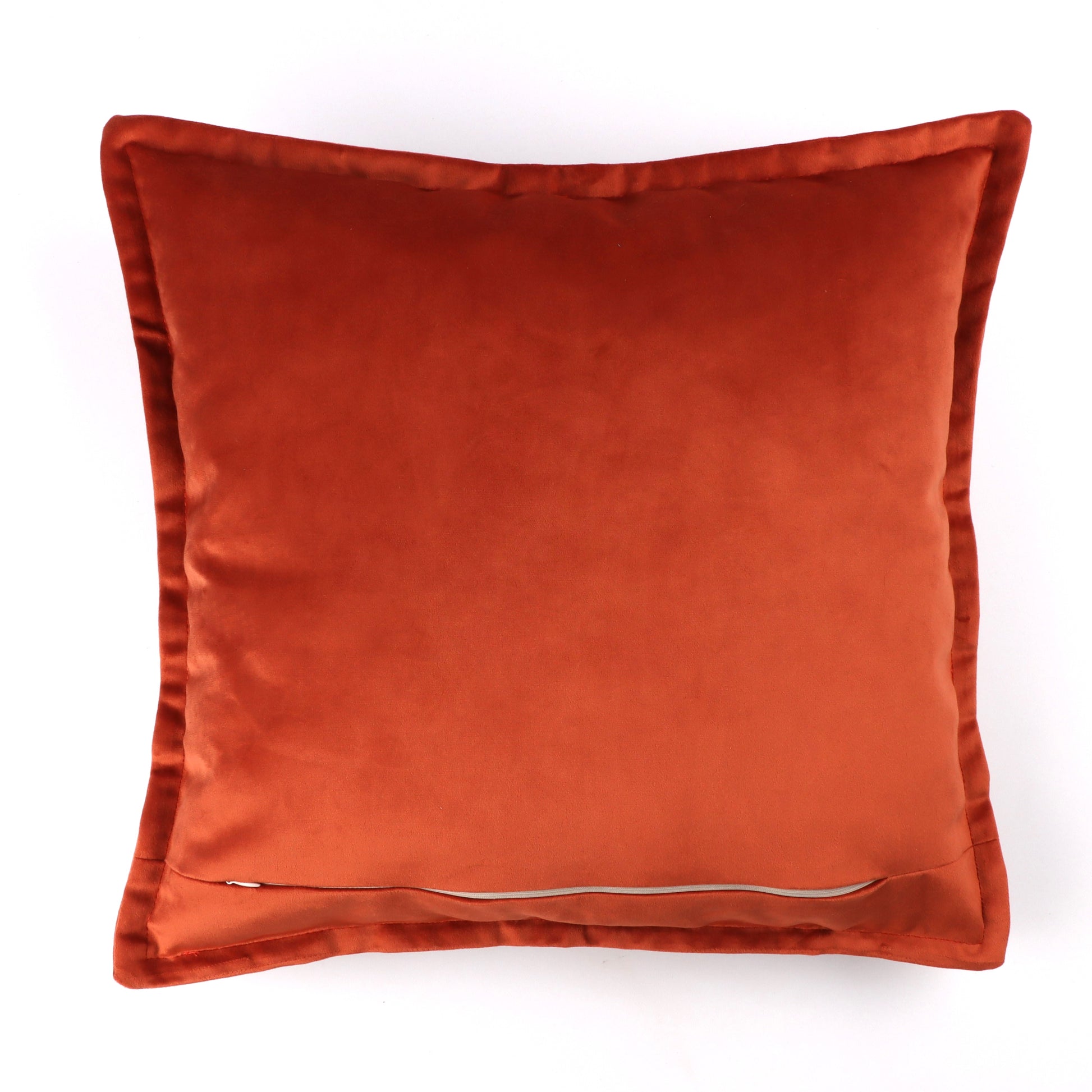 Back of orange velvet cushion cover with flange edging