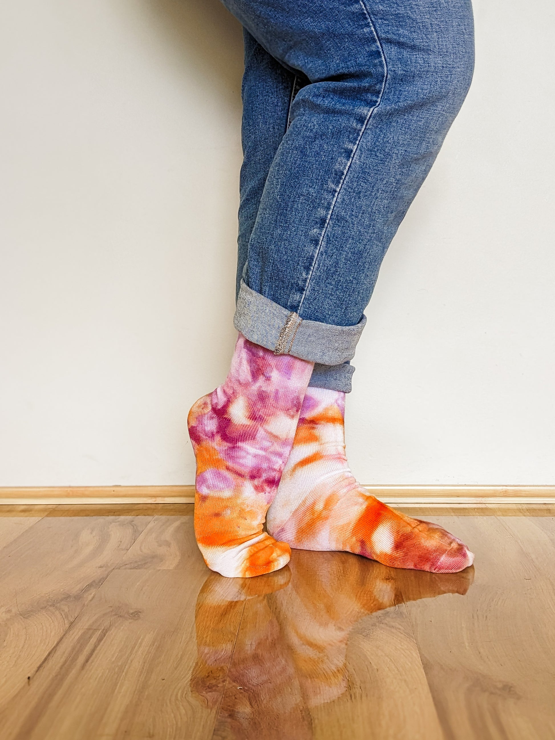 Person wearing crew length Ice-dyed bamboo socks