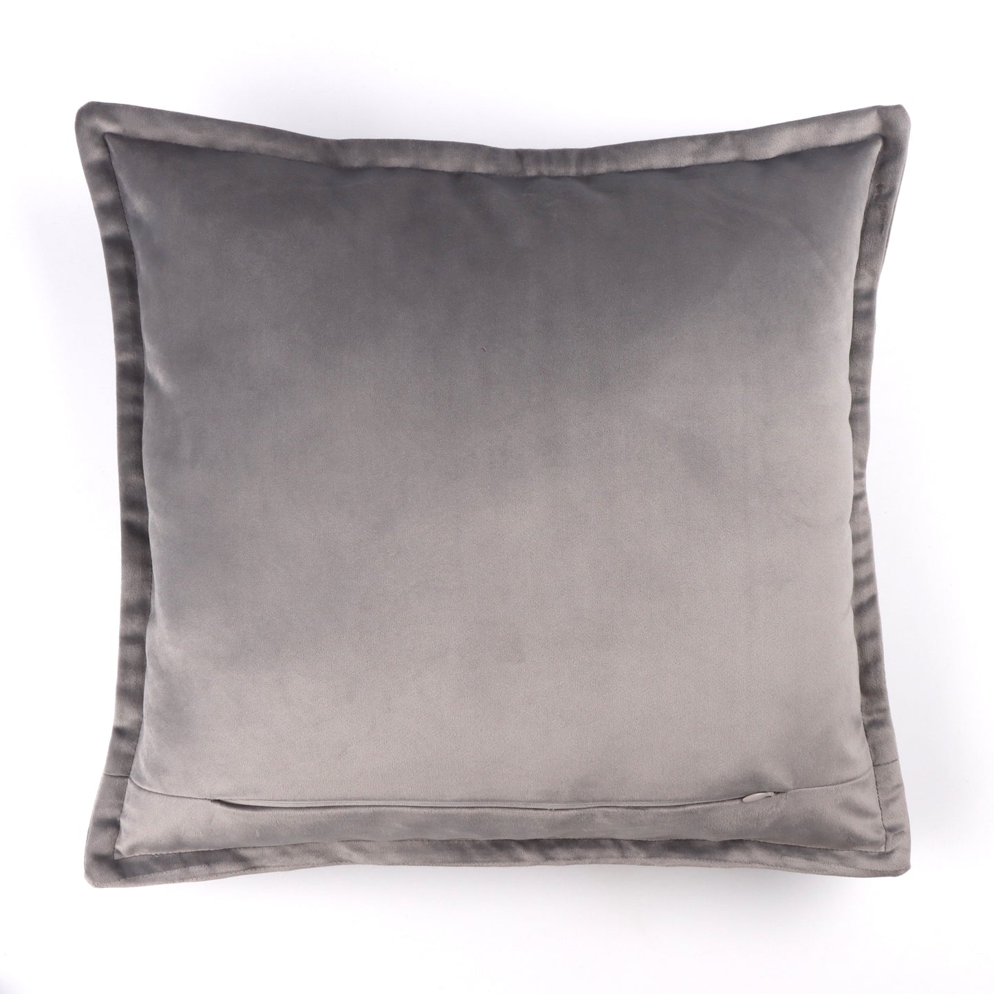 Back of grey velvet cushion cover with flange edging