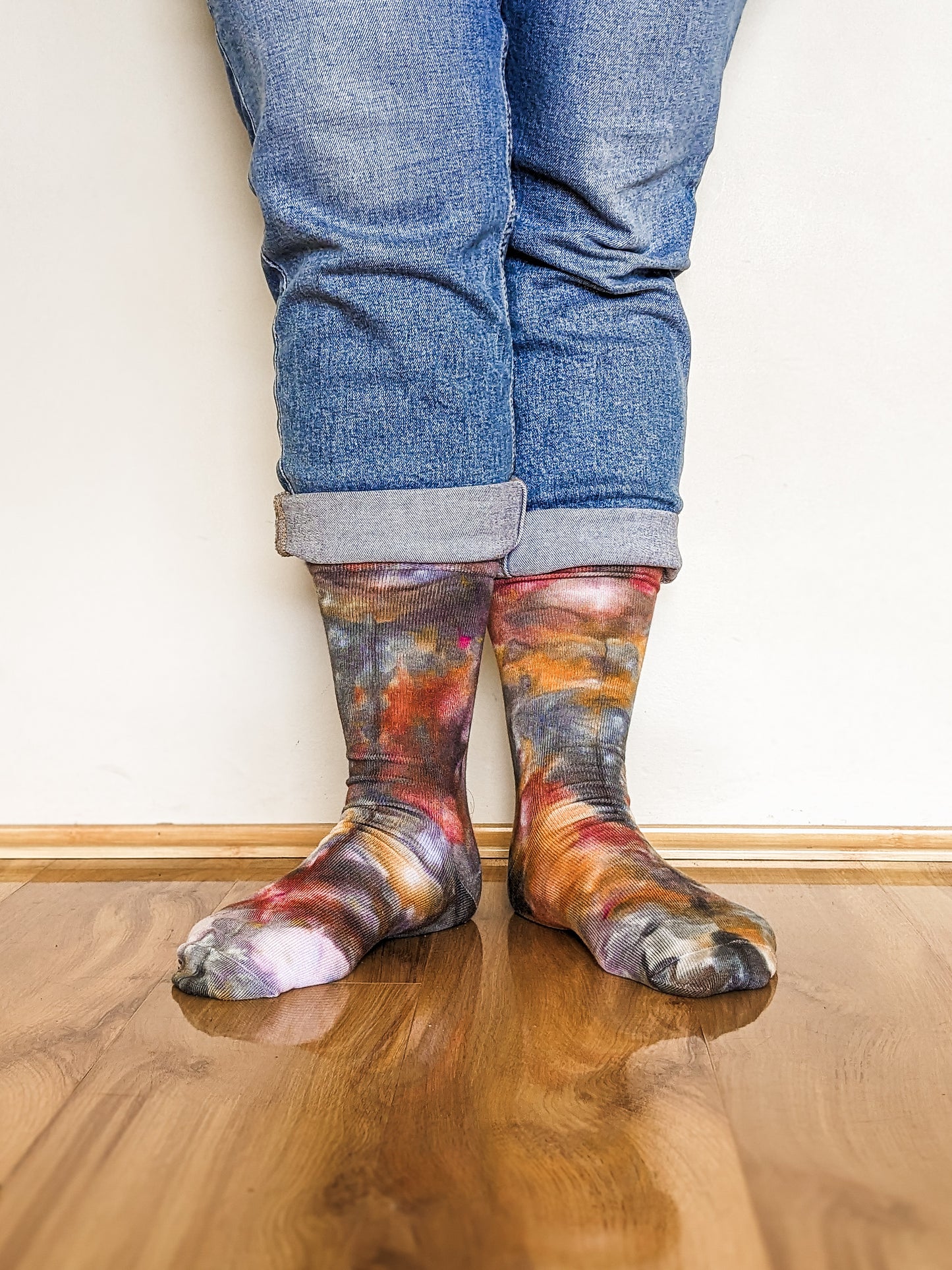 Person wearing crew length Ice-dyed bamboo socks