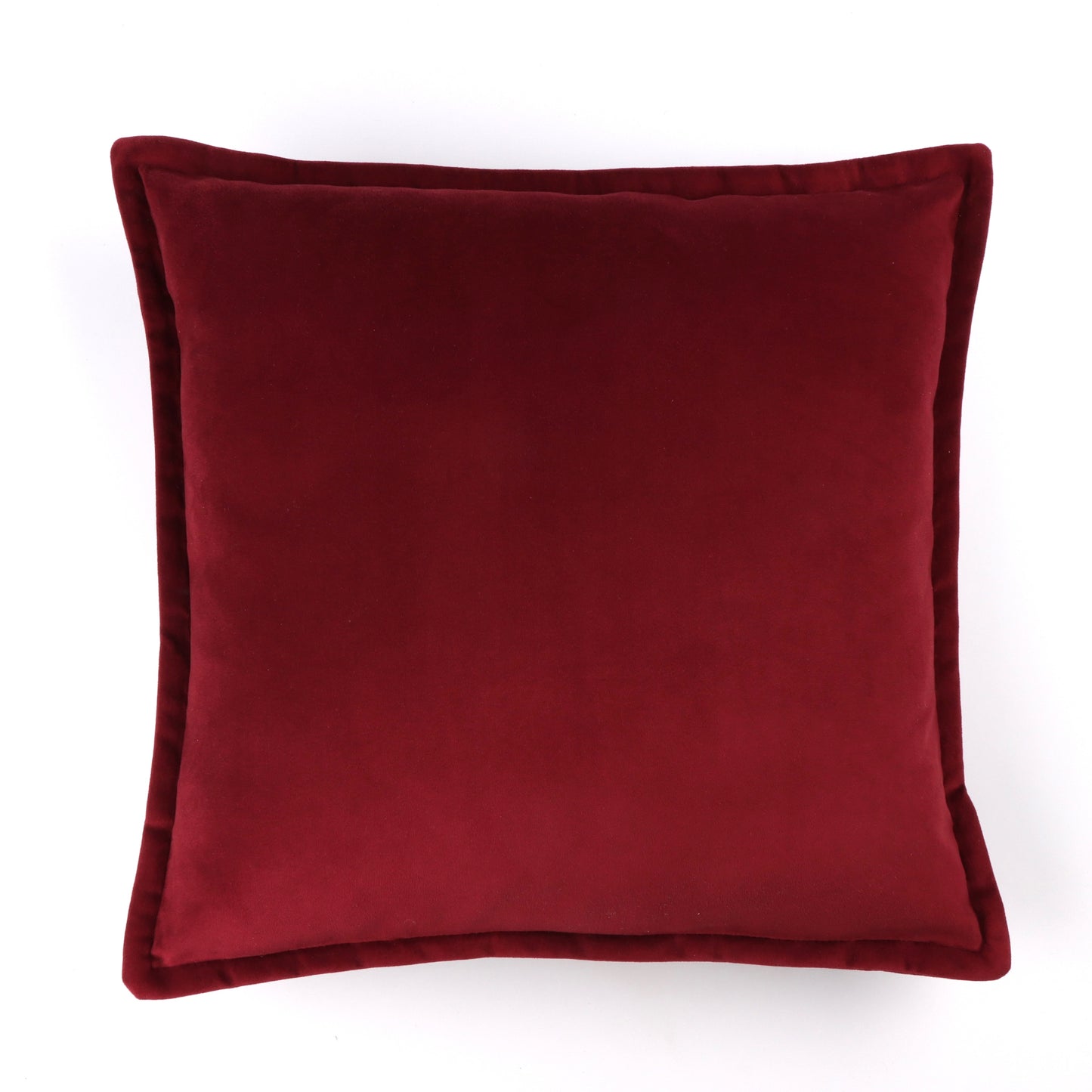 Front of passion burgundy velvet cushion cover with flange edging