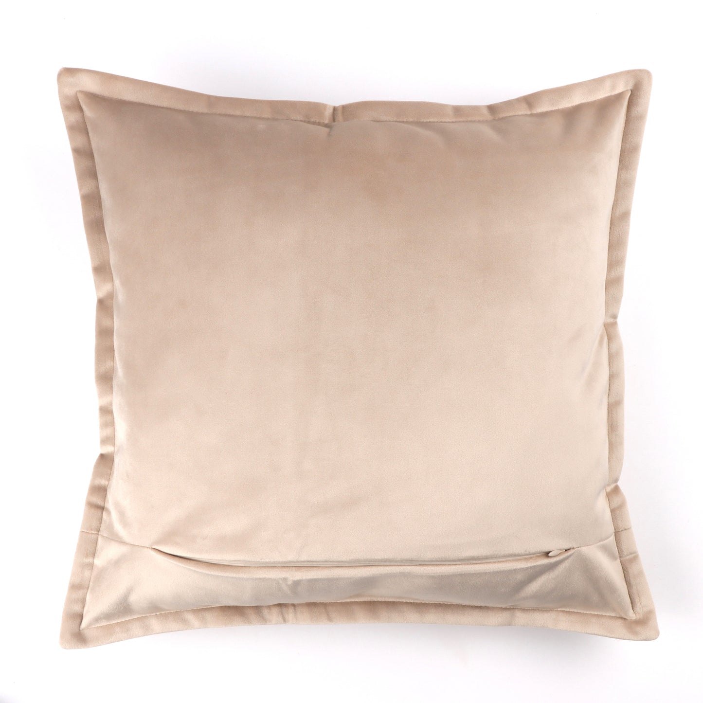 Back of light brown velvet cushion cover with flange