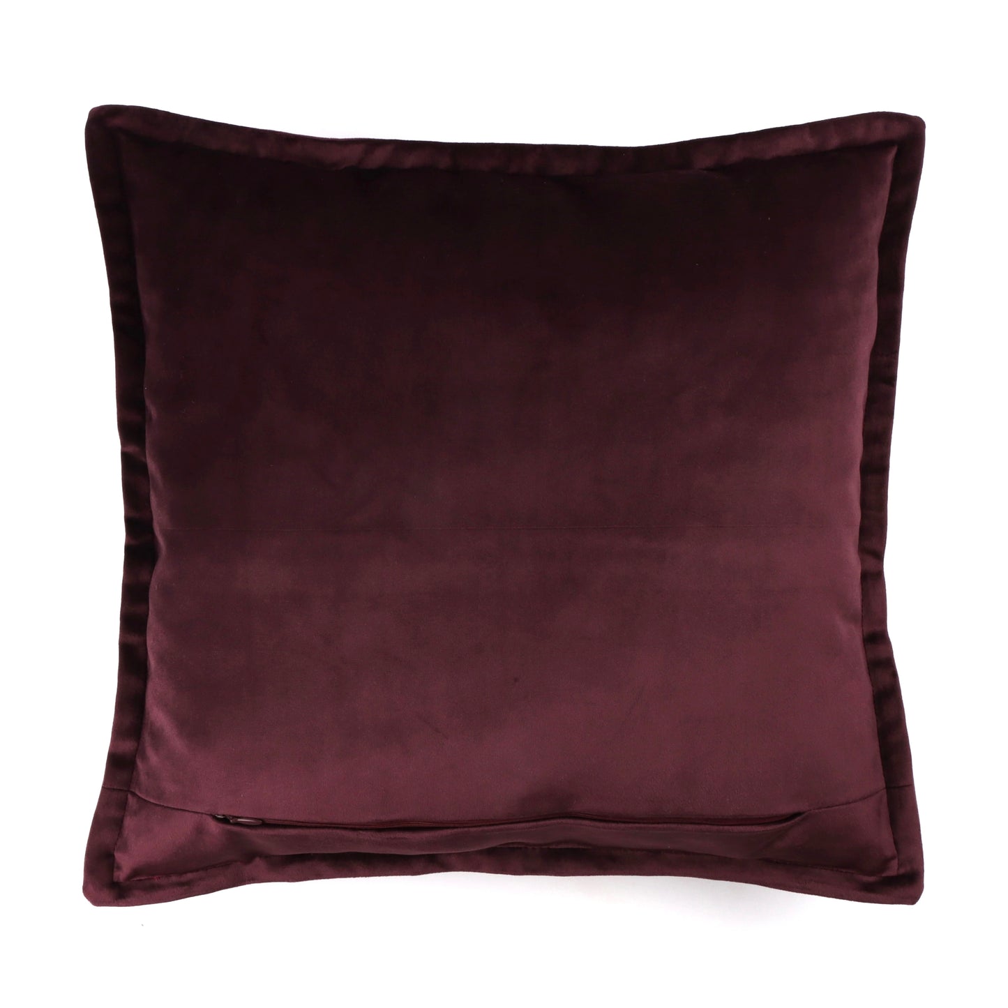 Back of aubergine velvet cushion cover with flange edging