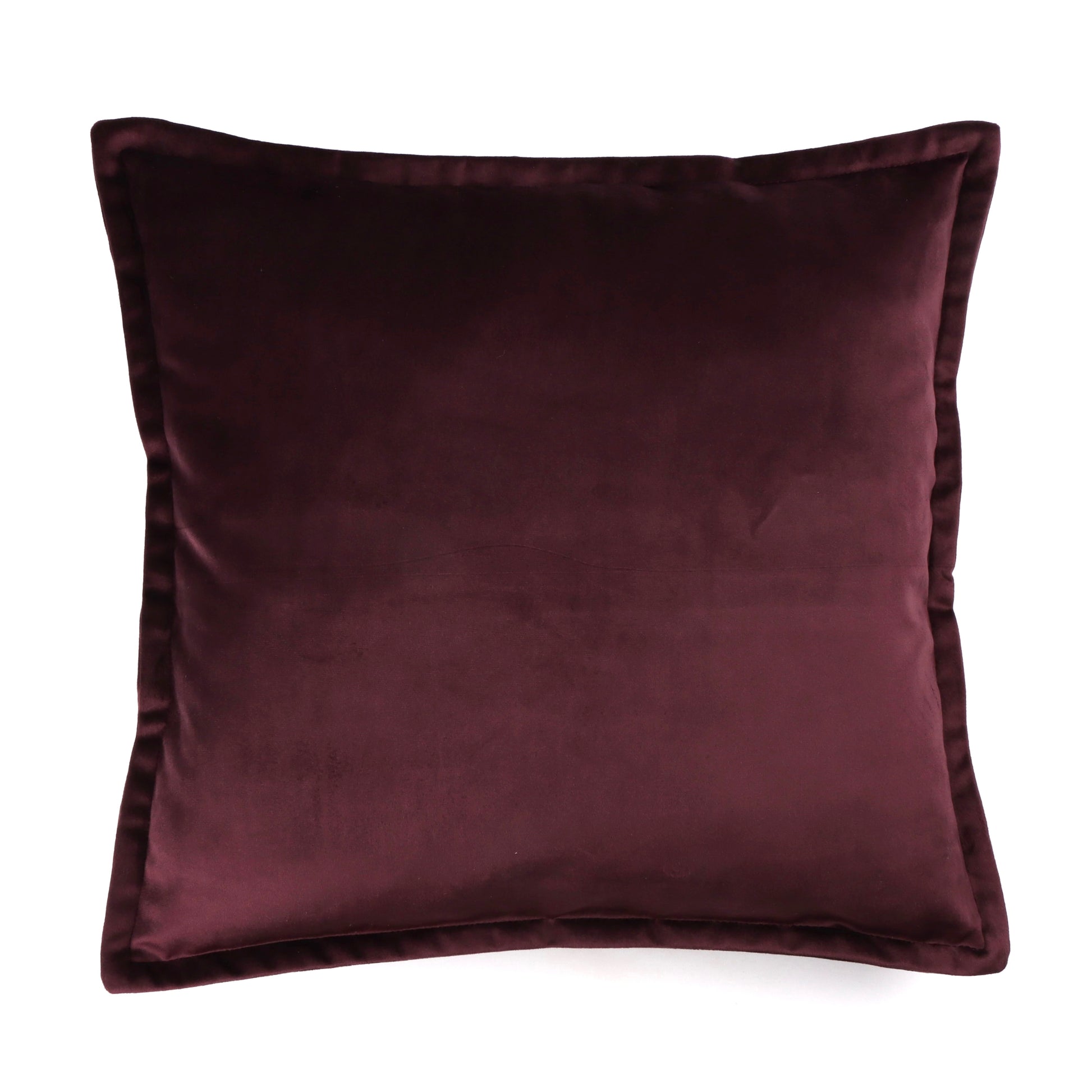 Front of dark purple velvet cushion cover with flange edging