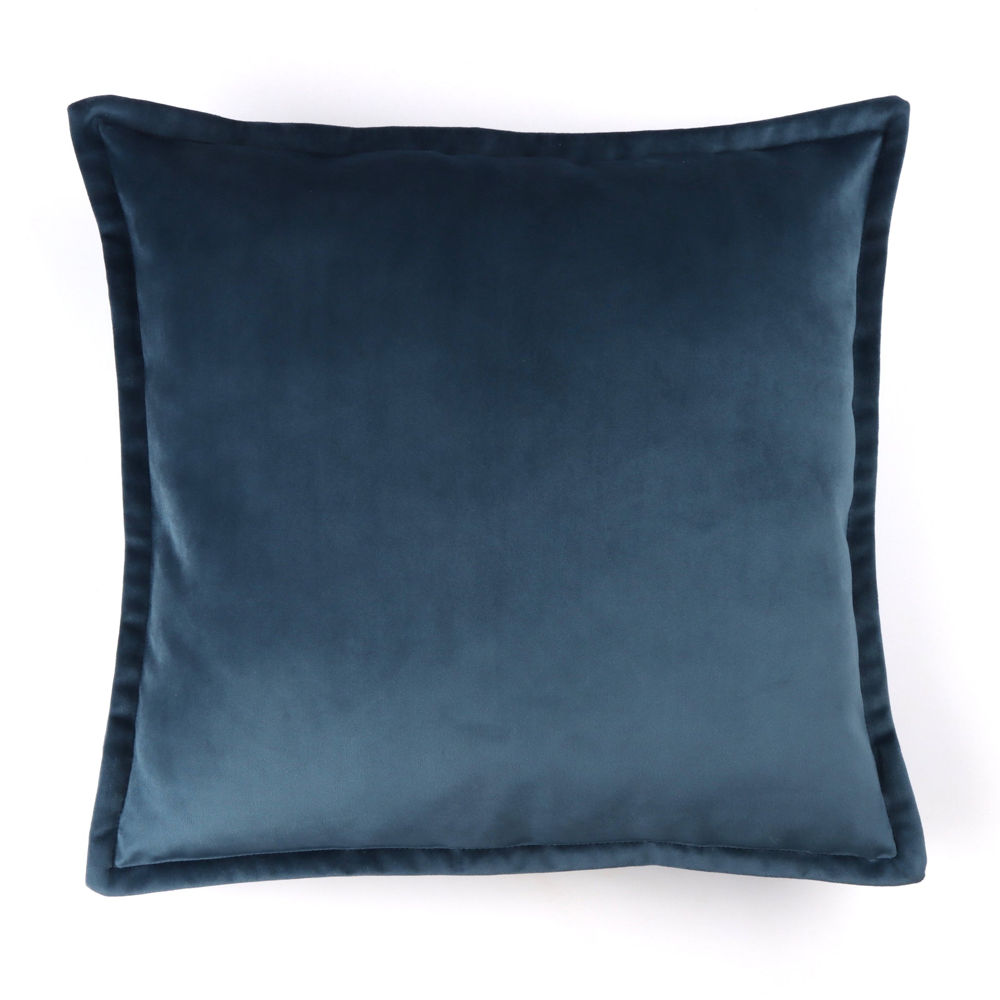 Front of delft blue velvet cushion cover with flange edging