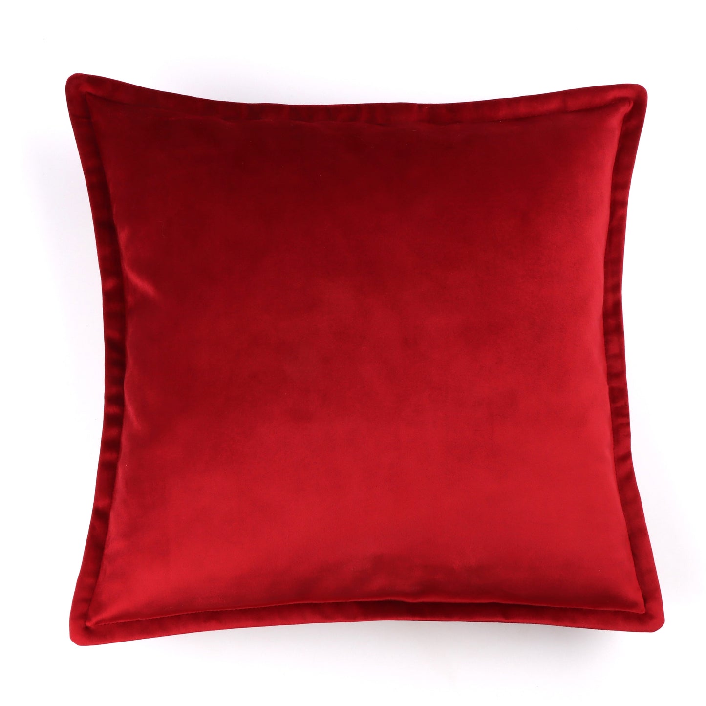 Back of red velvet cushion cover with flange edging